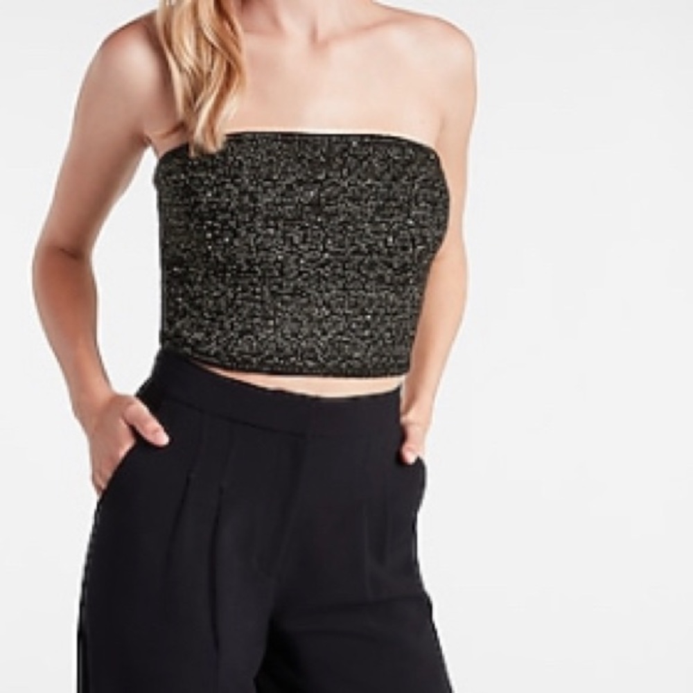 NWOT Black crochet sparkly sequin lace up bandeau top, Size - S